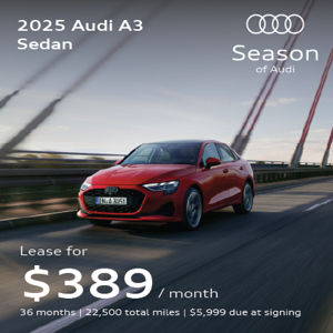 Angled profile of 2025 Audi A3 parked